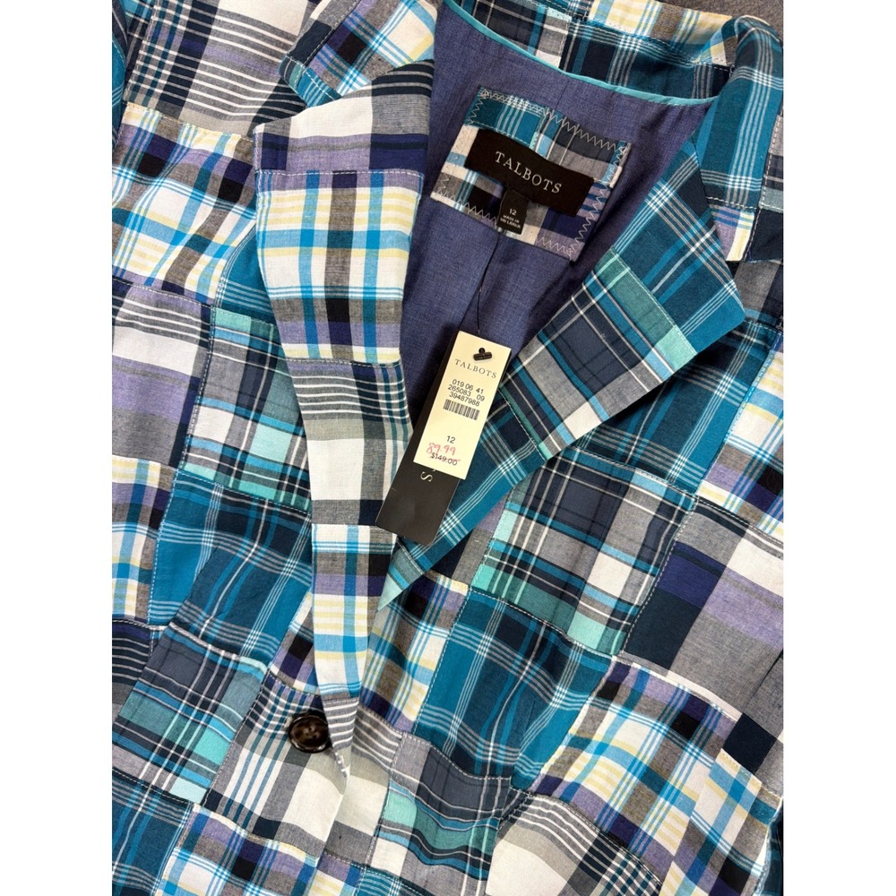 Talbots Blazer Women 12 Blue Patchwork Plaid Cotton Two Button Jacket NEW